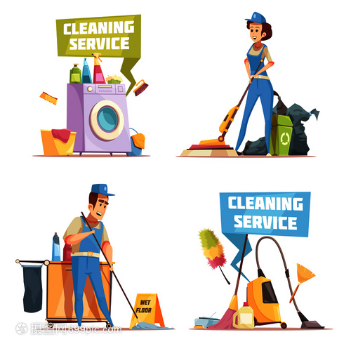 清潔服務(wù)2x2理念與清潔公司員工清洗室內(nèi)平矢量插圖清潔服務(wù)2x2理念
